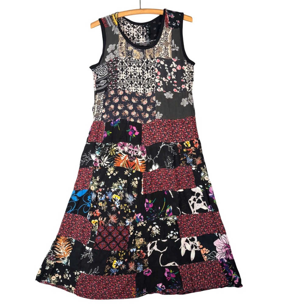 etc Patchwork Floral Mixed Print Sleeveless Midi Dress One Size Black Multi Boho